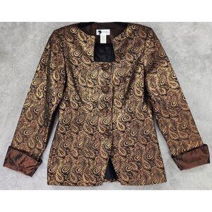 Essence Jacket Womens Size 8 Bronze Metallic Paisley Button Front Vintage Blazer